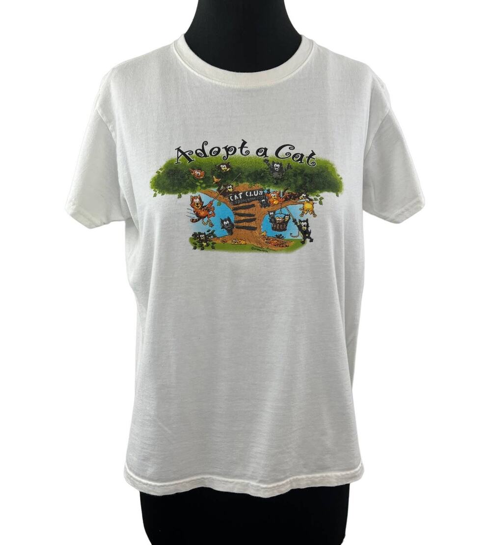 Vintage CRAZY SHIRTS Hawaii Adopt Cat Graphic Tee Shirt Short Cat Club Kitten L